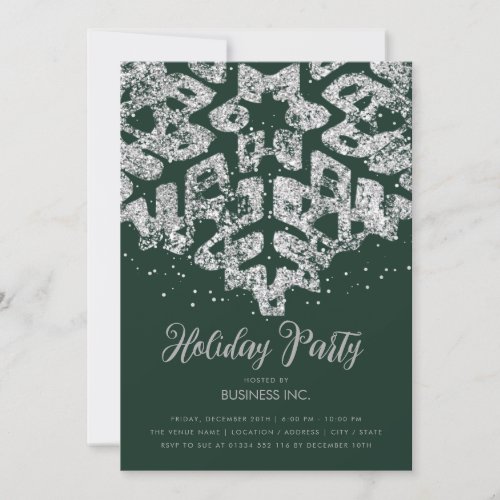 Silver Glitter Snowflake Holiday Party Green  Invitation