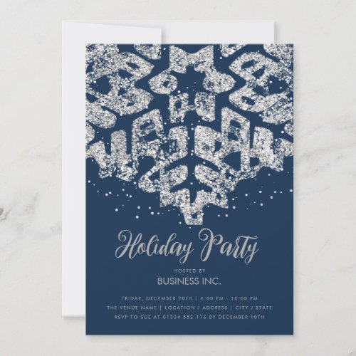 Silver Glitter Snowflake Holiday Party Navy  Invitation