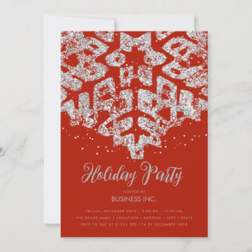Silver Glitter Snowflake Holiday Party Red  Invitation