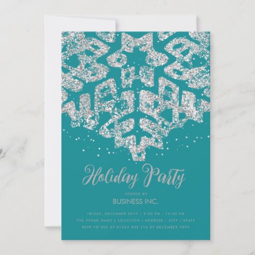 Silver Glitter Snowflake Holiday Party Teal  Invitation