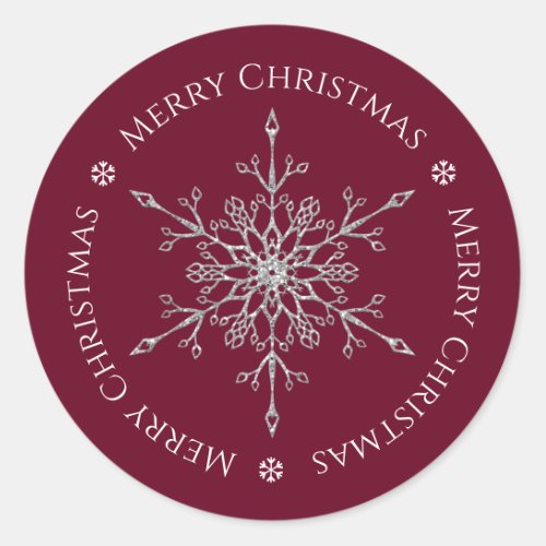 Silver Glitter Snowflake Merry Christmas Burgundy Classic Round Sticker