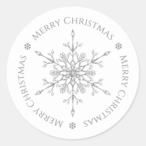 Silver Glitter Snowflake Merry Christmas Classic Round Sticker