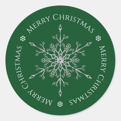 Silver Glitter Snowflake Merry Christmas Green Classic Round Sticker