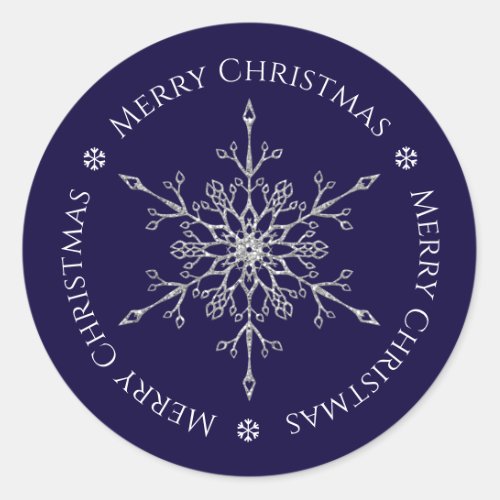 Silver Glitter Snowflake Merry Christmas Navy Blue Classic Round Sticker