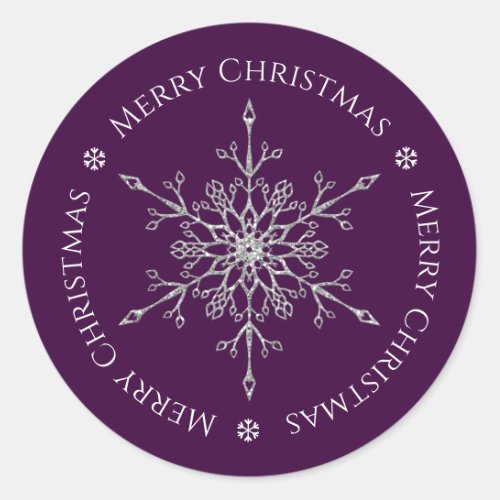 Silver Glitter Snowflake Merry Christmas Purple Classic Round Sticker