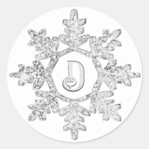 Silver Glitter Snowflake Monogram Christmas  Classic Round Sticker