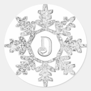 Silver Glitter Snowflake Monogram Christmas Classic Round Sticker