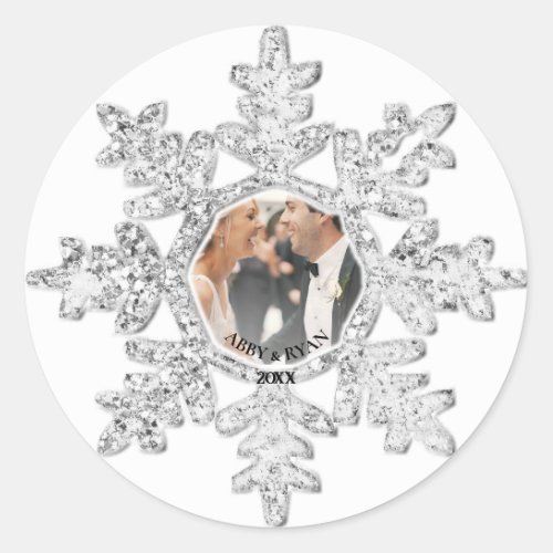 Silver Glitter Snowflake Photo Frame Personalized  Classic Round Sticker