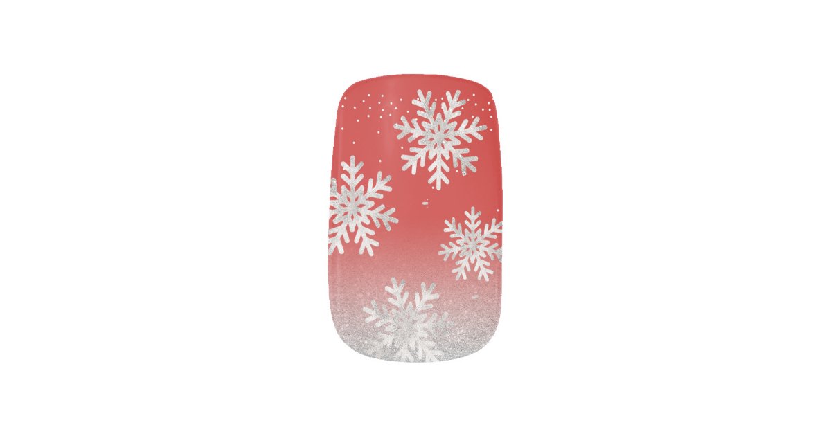 Silver Glitter Snowflake Red Christmas Minx Nail Wraps | Zazzle