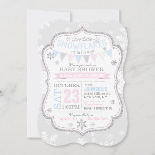 Silver Glitter Snowflake Twins Baby Shower Invitation