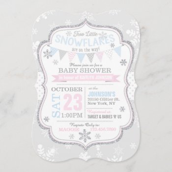 Silver Glitter Snowflake Twins Baby Shower Invitation by NouDesigns at Zazzle