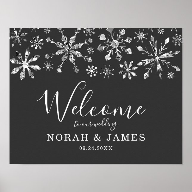 Silver Glitter Snowflake Winter Wedding Welcome Poster (Front)