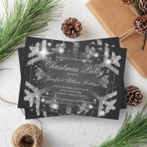 Silver Glitter Snowflake Xmas Holiday Party Black Invitation