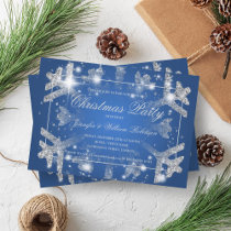 Silver Glitter Snowflake Xmas Holiday Party Blue  Invitation