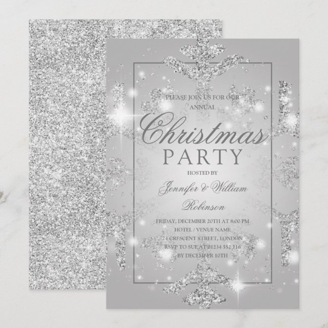 Silver Glitter Snowflake Xmas Holiday Party  Invitation (Front/Back)
