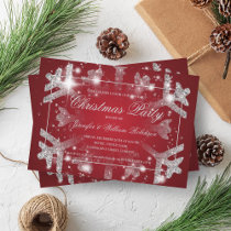 Silver Glitter Snowflake Xmas Holiday Party Red  Invitation