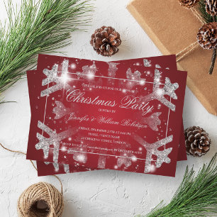 Silver Glitter Snowflake Xmas Holiday Party Red Invitation