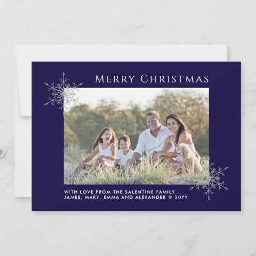 Silver Glitter Snowflakes Navy Christmas Photo Holiday Card