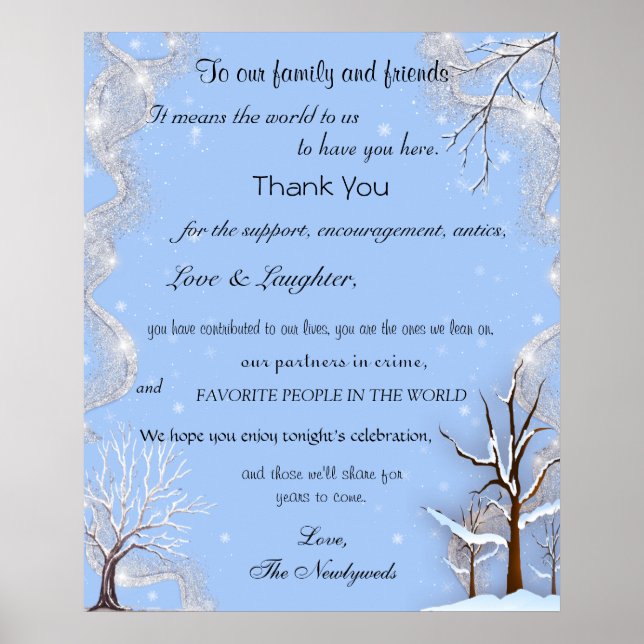 Silver Glitter Snowflakes Snow Covered Trees   Poster (Front)