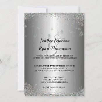 Silver Glitter Snowflakes Wedding Invitation by aquachild at Zazzle
