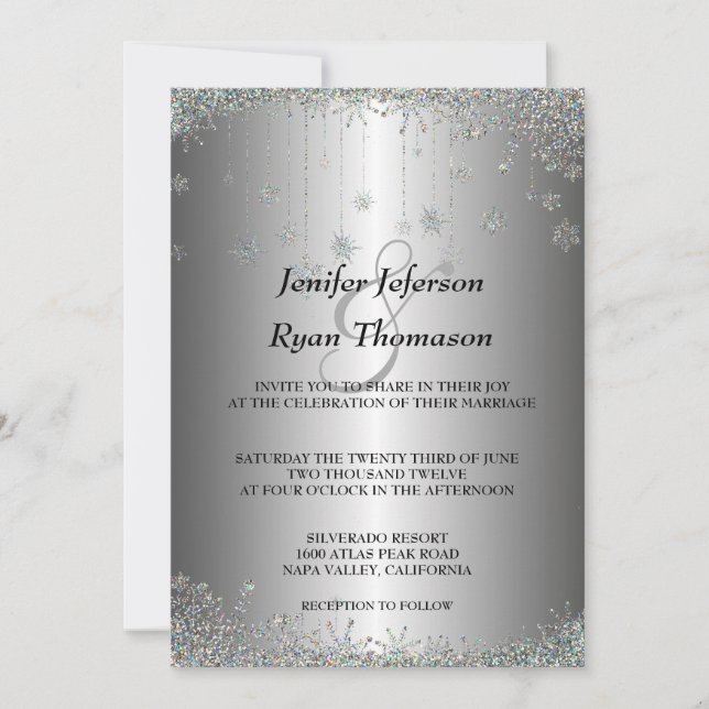 Silver glitter snowflakes wedding Invitation (Front)