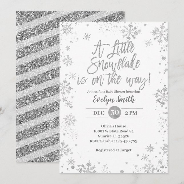 Silver Glitter Snowflakes Winter Baby Shower   Invitation (Front/Back)