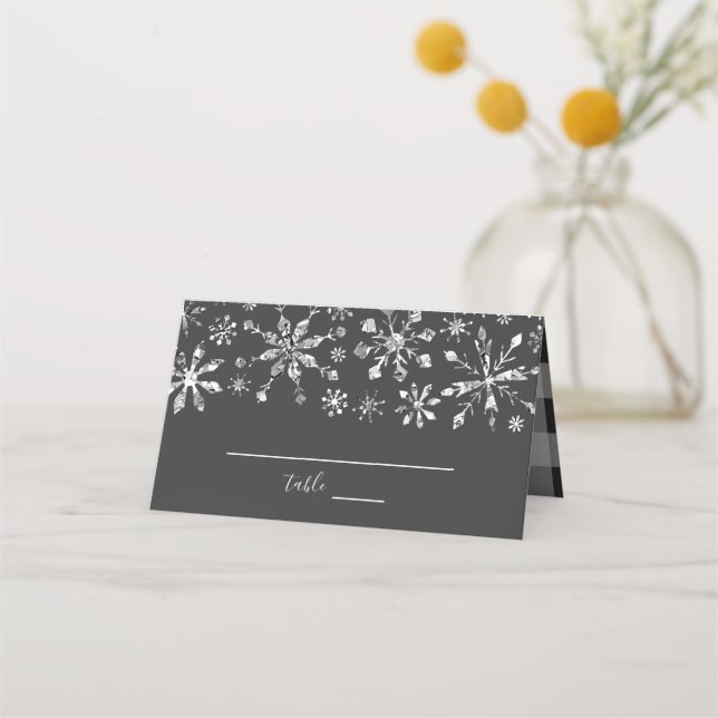 Silver Glitter Snowflakes Winter Wedding Place Card (Front)