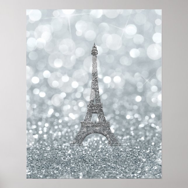 Silver Glitter Sparkle Bling Eiffel Tower Glam Poster (Front)