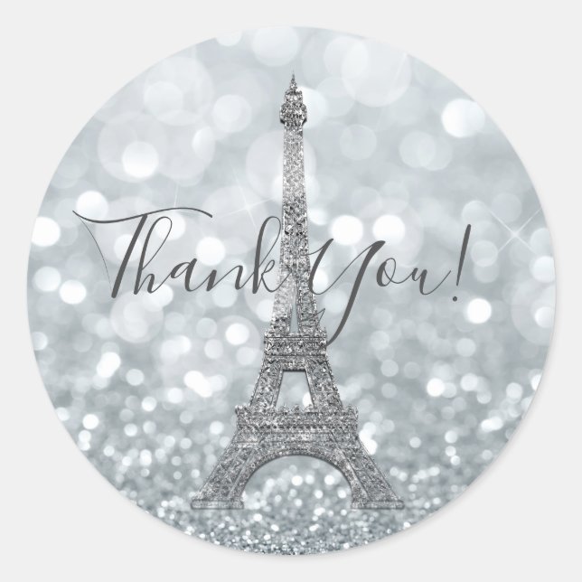 Silver Glitter Sparkle Bling Eiffel Tower Party Classic Round Sticker (Front)