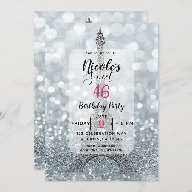 Silver Glitter Sparkle Bling Eiffel Tower Party Invitation (Front/Back)