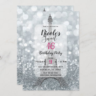 Silver Glitter Sparkle Bling Eiffel Tower Party Invitation