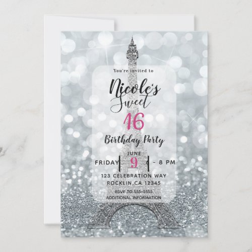 Silver Glitter Sparkle Bling Eiffel Tower Party Invitation