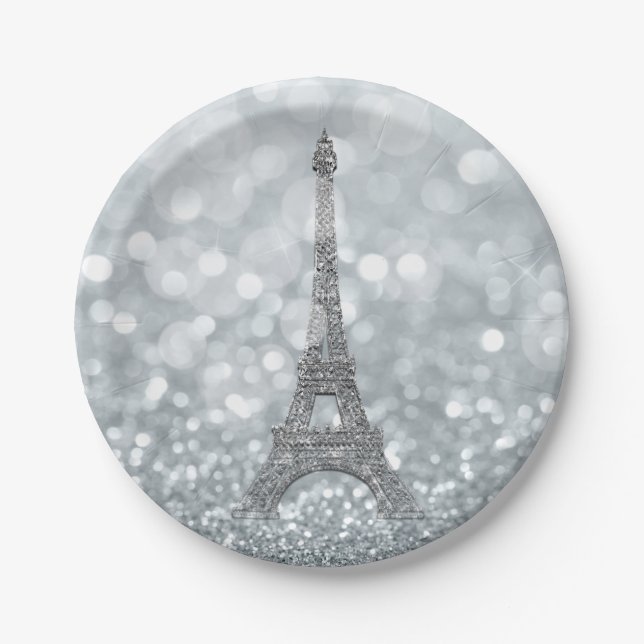 Silver Glitter Sparkle Bling Eiffel Tower Party Paper Plates (Front)