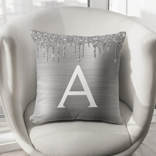 Silver Glitter Sparkle Brushed Metal Monogram Name Throw Pillow