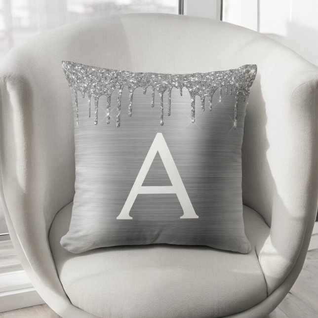 Silver Glitter Sparkle Brushed Metal Monogram Name Throw Pillow (Creator Uploaded)