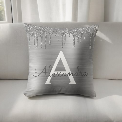 Silver Glitter Sparkle Brushed Metal Monogram Name Throw Pillow
