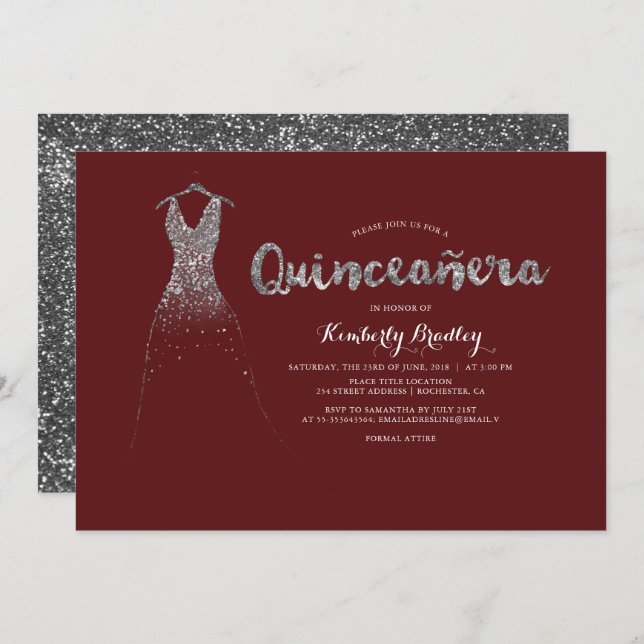 Silver Glitter Sparkle Dress Burgundy Quinceañera Invitation (Front/Back)