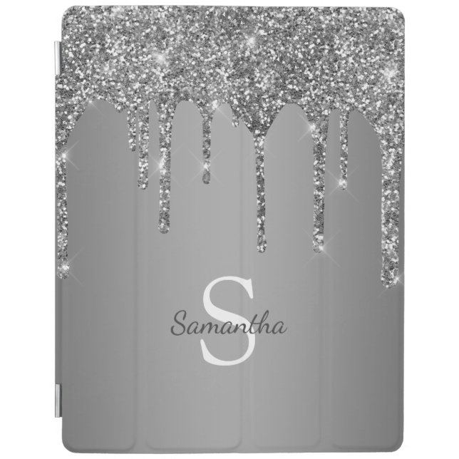 Silver Glitter Sparkle Drip Foil Monogram Name iPad Smart Cover (Front)