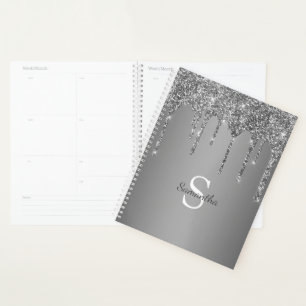 Silver Glitter Sparkle Drip Foil Monogram Name Planner