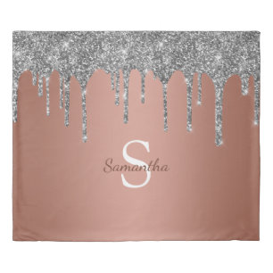 Silver Glitter Sparkle Drip Rose Gold Monogram Duvet Cover