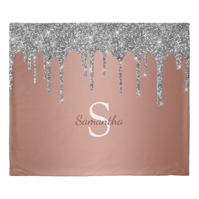 Silver Glitter Sparkle Drip Rose Gold Monogram Duvet Cover (Front)
