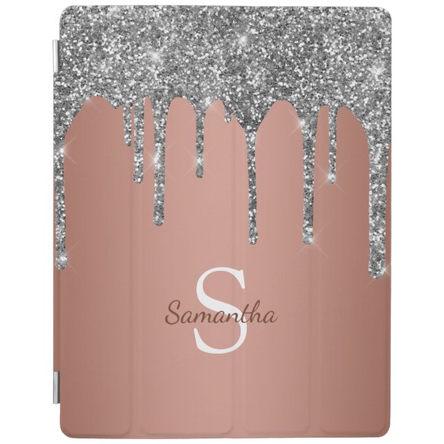 Silver Glitter Sparkle Drip Rose Gold Monogram iPad Smart Cover (Front)