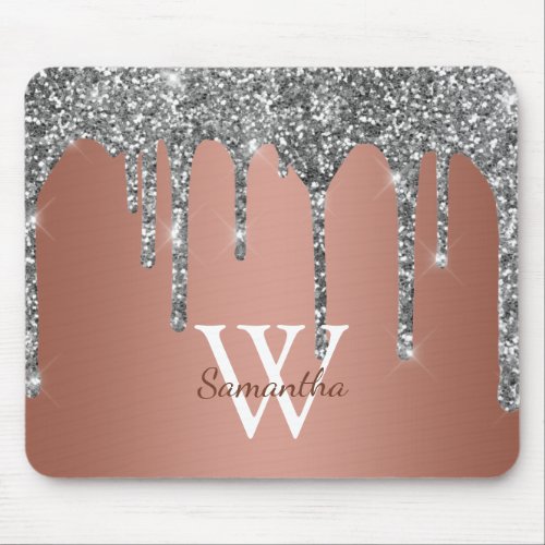 Silver Glitter Sparkle Drip Rose Gold Monogram Mouse Pad