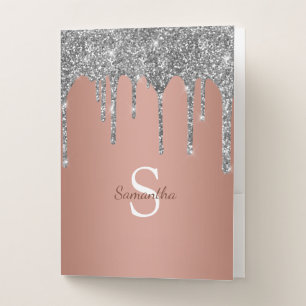 Silver Glitter Sparkle Drip Rose Gold Monogram Pocket Folder