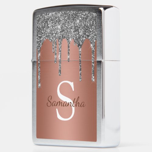 Silver Glitter Sparkle Drip Rose Gold Monogram Zippo Lighter