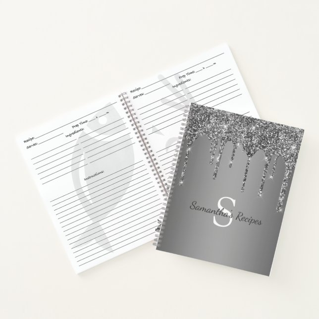 Silver Glitter Sparkle Drips Foil Monogram Recipe Notebook (Inside)