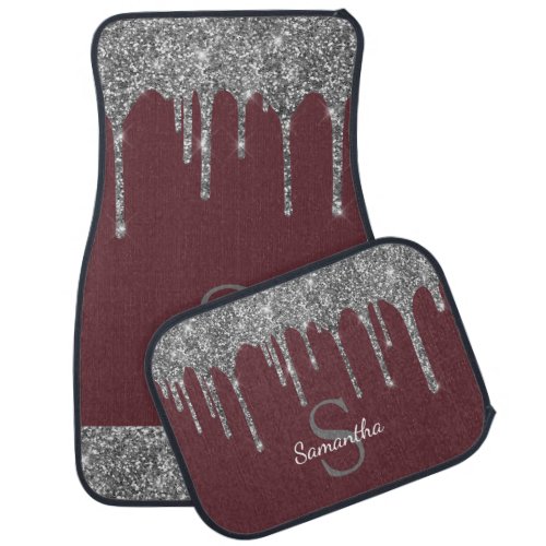 Silver Glitter Sparkle Drips Monogram Burgundy Car Floor Mat