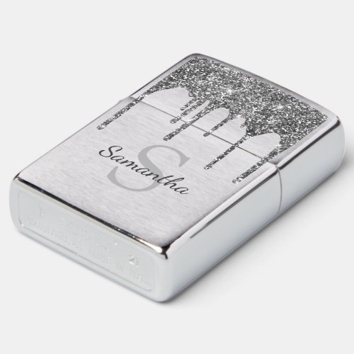 Silver Glitter Sparkle Drips Monogram Name Zippo Lighter