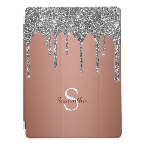 Silver Glitter Sparkle Drips Rose Gold Monogram iPad Pro Cover