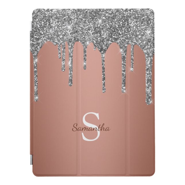 Silver Glitter Sparkle Drips Rose Gold Monogram iPad Pro Cover (Front)